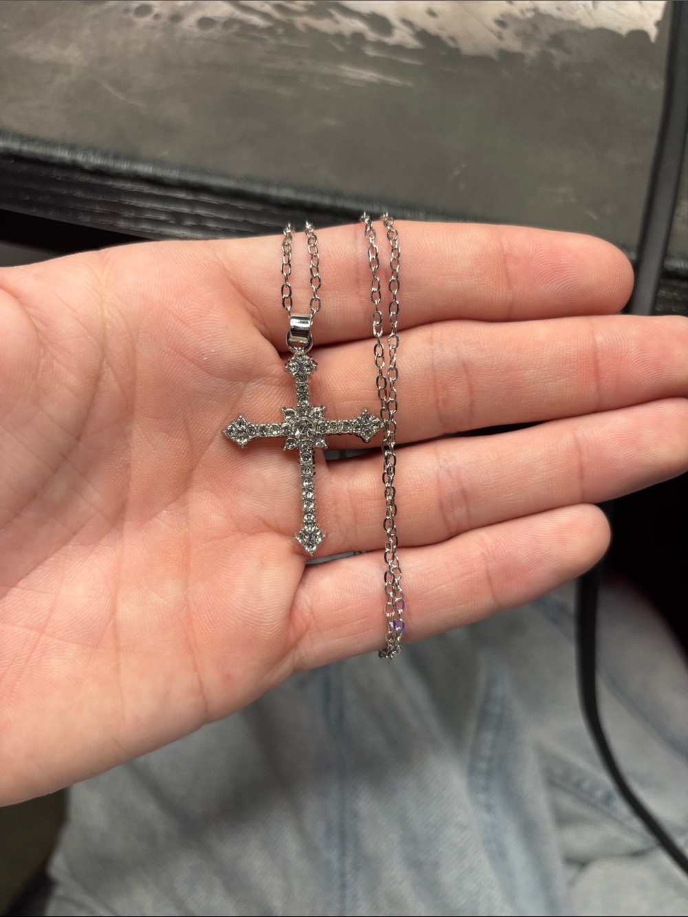 Sterling Silver Cross Pendant Necklace with Clear Crystals - White